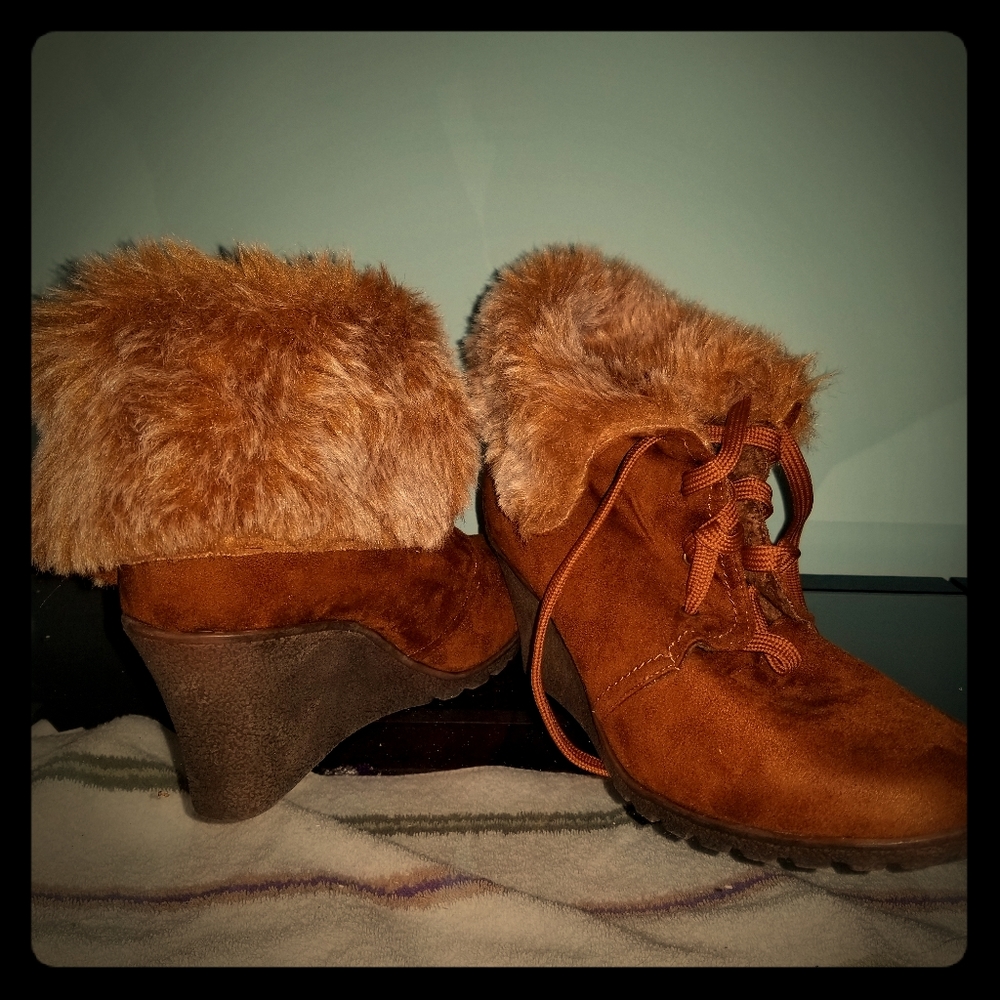 Brown Faux Fur Wedge Ankle Boots